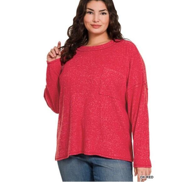 Zenana Red Soft Ribbed Brushed Melange Hacci Sweater Plus Size 2X - Picture 1 of 3